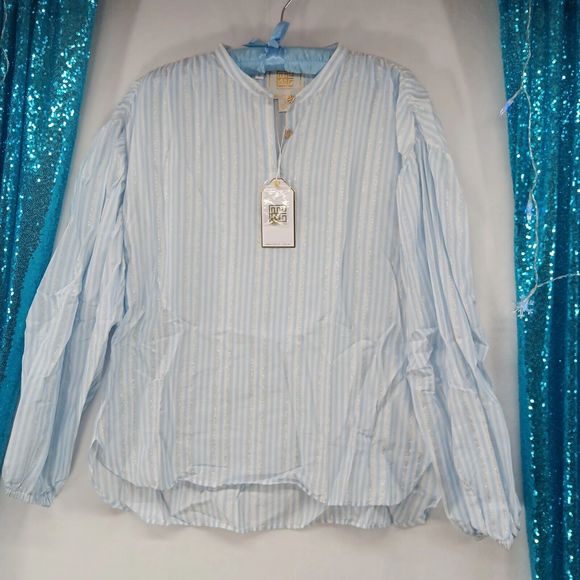 NWT & Bag Emily McCarthy Lolli Top Blouse $180 MSRP Blue Metallic Stripe Size S - Picture 3 of 13